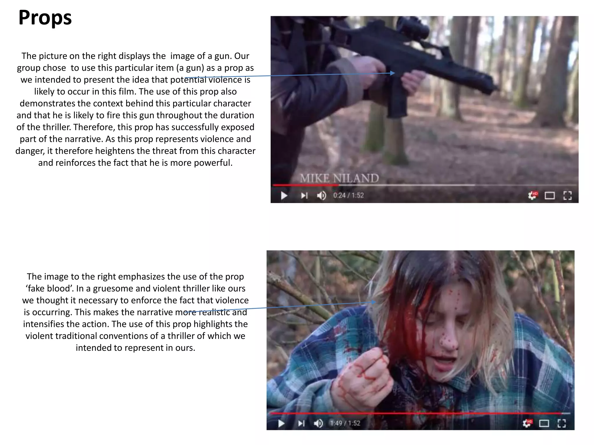 Props
The picture on the right displays the image of a gun. Our
group chose to use this particular item (a gun) as a prop as
we intended to present the idea that potential violence is
likely to occur in this film. The use of this prop also
demonstrates the context behind this particular character
and that he is likely to fire this gun throughout the duration
of the thriller. Therefore, this prop has successfully exposed
part of the narrative. As this prop represents violence and
danger, it therefore heightens the threat from this character
and reinforces the fact that he is more powerful.
The image to the right emphasizes the use of the prop
‘fake blood’. In a gruesome and violent thriller like ours
we thought it necessary to enforce the fact that violence
is occurring. This makes the narrative more realistic and
intensifies the action. The use of this prop highlights the
violent traditional conventions of a thriller of which we
intended to represent in ours.
 