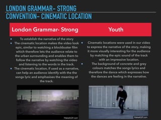 LONDON GRAMMAR- STRONG
CONVENTION- CINEMATIC LOCATION
London Grammar- Strong Youth
To establish the narrative of the story
The cinematic location makes the video look
epic, similar to watching a blockbuster ﬁlm
which therefore lets the audience relate to
the urban surrounding and enables them to
follow the narrative by watching the video
and listening to the words in the track.
The cinematic location, if used as a narrative,
can help an audience identify with the the
songs lyric and emphasises the meaning of
the track.
Cinematic locations were used in our video
to express the narrative of the story, making
it more visually interesting for the audience
by matching the epic sound of the track
with an impressive location.
The background of concrete and grey
colours matches the songs lyrics and
therefore the dance which expresses how
the dances are feeling in the narrative.
 