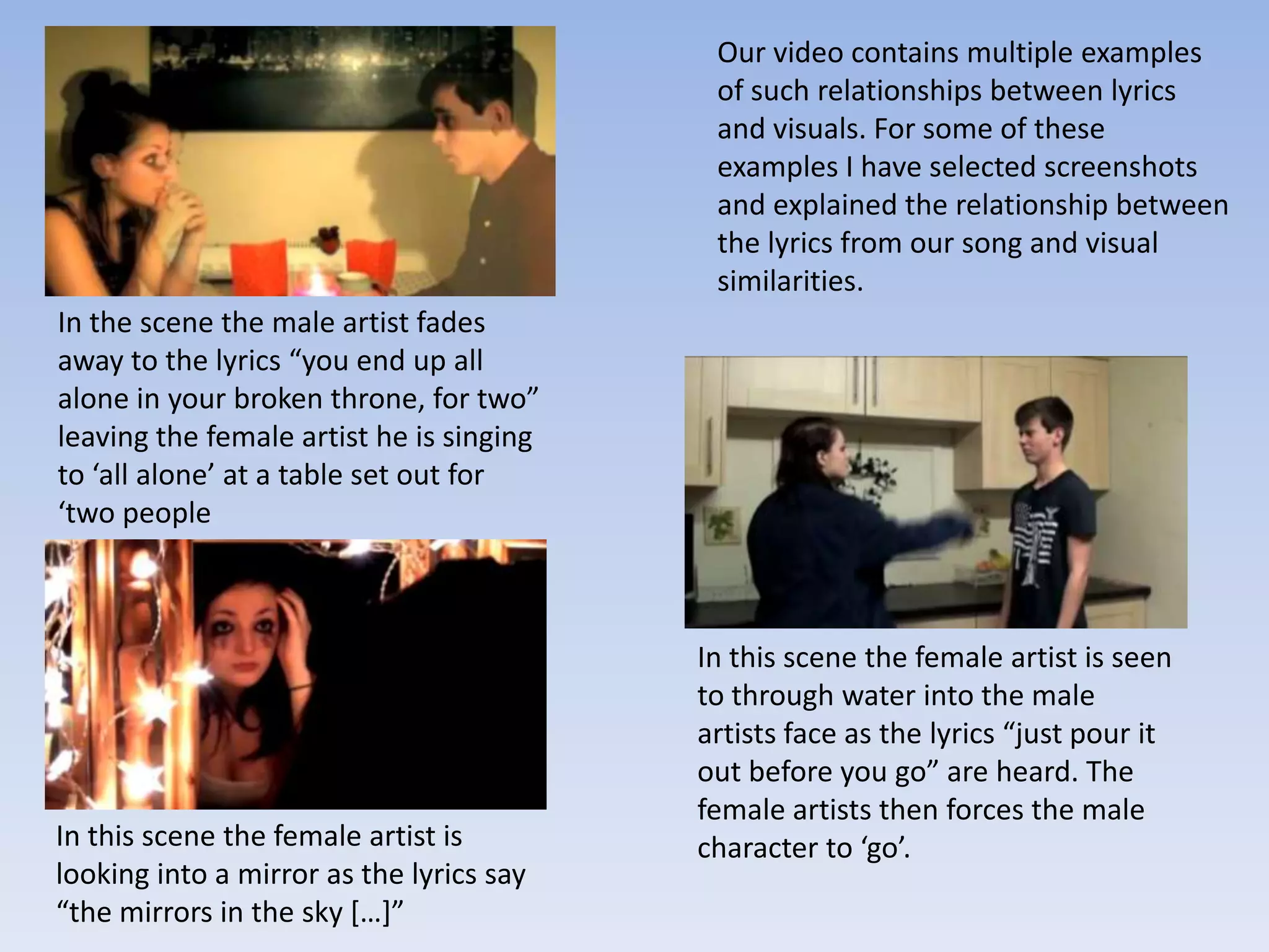 Our video contains multiple examples
                                           of such relationships between lyrics
                                           and visuals. For some of these
                                           examples I have selected screenshots
                                           and explained the relationship between
                                           the lyrics from our song and visual
                                           similarities.
In the scene the male artist fades
away to the lyrics “you end up all
alone in your broken throne, for two”
leaving the female artist he is singing
to ‘all alone’ at a table set out for
‘two people



                                          In this scene the female artist is seen
                                          to through water into the male
                                          artists face as the lyrics “just pour it
                                          out before you go” are heard. The
                                          female artists then forces the male
In this scene the female artist is        character to ‘go’.
looking into a mirror as the lyrics say
“the mirrors in the sky […]”
 