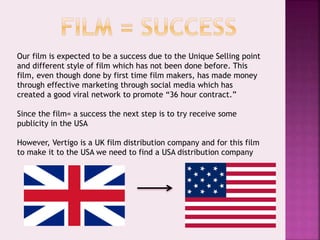 Our film is expected to be a success due to the Unique Selling point
and different style of film which has not been done before. This
film, even though done by first time film makers, has made money
through effective marketing through social media which has
created a good viral network to promote “36 hour contract.”
Since the film= a success the next step is to try receive some
publicity in the USA
However, Vertigo is a UK film distribution company and for this film
to make it to the USA we need to find a USA distribution company
 