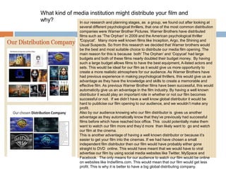 In our research and planning stages, as a group, we found out after looking at
several different psychological thrillers, that one of the most common distribution
companies were Warner Brother Pictures. Warner Brothers have distributed
films such as ‘The Orphan' in 2009 and the American psychological thriller
'Copycat'. Many more well known films like Inception, Argo, the Shining and
Usual Suspects. So from this research we decided that Warner brothers would
be the best and most suitable choice to distribute our media film opening. The
main reason for this is because both’ The Orphan’ and ‘Copycat’ had large
budgets and both of these films nearly doubled their budget money. By having
such a large budget allows films to have the best equipment, A-listed actors and
sets. This would be ideal for our film as it would give us more opportunity to
create a more realistic atmosphere for our audience. As Warner Brothers have
had previous experience in making psychological thrillers, this would give us an
advantage as they have the knowledge and skills to create a memorable and
effective film. As previous Warner Brother films have been successful, this would
automaticity give us an advantage in the film industry. By having a well known
distributor it would play an important role in whether or not our film becomes
successful or not. If we didn’t have a well know global distributor it would be
hard to publicise our film opening to our audience, and we wouldn’t make any
profit.
Also by our audience knowing who our film distributor is gives us another
advantage as they automatically know that they’ve previously had successful
films before which have reached box office. This could potentially make them
want to watch our film more and they’d more than likely want to go and watch
our film at the cinema.
This is another advantage of having a well known distributor or because it’s
easier to get your film into the cinemas. If we had have chosen a small
independent film distributor then our film would have probably either gone
straight to DVD online. This would have meant that we would have to viral
advertise our film by using social media websites like Twitter, MySpace and
Facebook. The only means for our audience to watch our film would be online
on websites like Indiefilms.com. This would mean that our film would get less
profit. This is why it is better to have a big global distributing company.
What kind of media institution might distribute your film and
why?
 