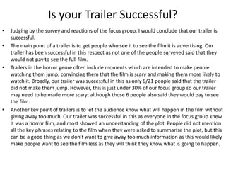 Is your Trailer Successful?
• Judging by the survey and reactions of the focus group, I would conclude that our trailer is
successful, because it attracts an audience.
• The main point of a trailer is to attract an audience to the film it is advertising, making
money for the production company/companies involved. Our trailer has been successful in
this respect as not one of the people surveyed said that they would not pay to see the full
film.
• Trailers in the horror genre often include moments which are intended to make people
watching them jump, convincing them that the film is scary and making them more likely to
watch it. Broadly, our trailer was successful in this as only 6/21 people said that the trailer
did not make them jump. However, this is just under 30% of our focus group so our trailer
may need to be made more scary; although those 6 people also said they would pay to see
the film.
• Another key point of trailers is to let the audience know what will happen in the film without
giving away too much. Our trailer was successful in this as everyone in the focus group knew
it was a horror film, and most showed an understanding of the plot. People did not mention
all the key phrases relating to the film when they were asked to summarise the plot, but this
can be a good thing as we don’t want to give away too much information as this would likely
make people want to see the film less as they will think they know what is going to happen.
 