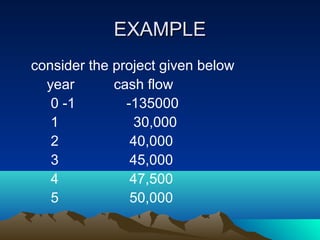 EXAMPLEEXAMPLE
consider the project given below
year cash flow
0 -1 -135000
1 30,000
2 40,000
3 45,000
4 47,500
5 50,000
 