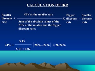 CALCULATION OF IRR
NPV at the smaller rate
Sum of the absolute values of the
NPV at the smaller and the bigger
discount rates
5.13
24% + 28% - 24% = 26.24%
5.13 + 4.02
Bigger Smaller
X discount – discount
rate rate
Smaller
discount +
rate
 