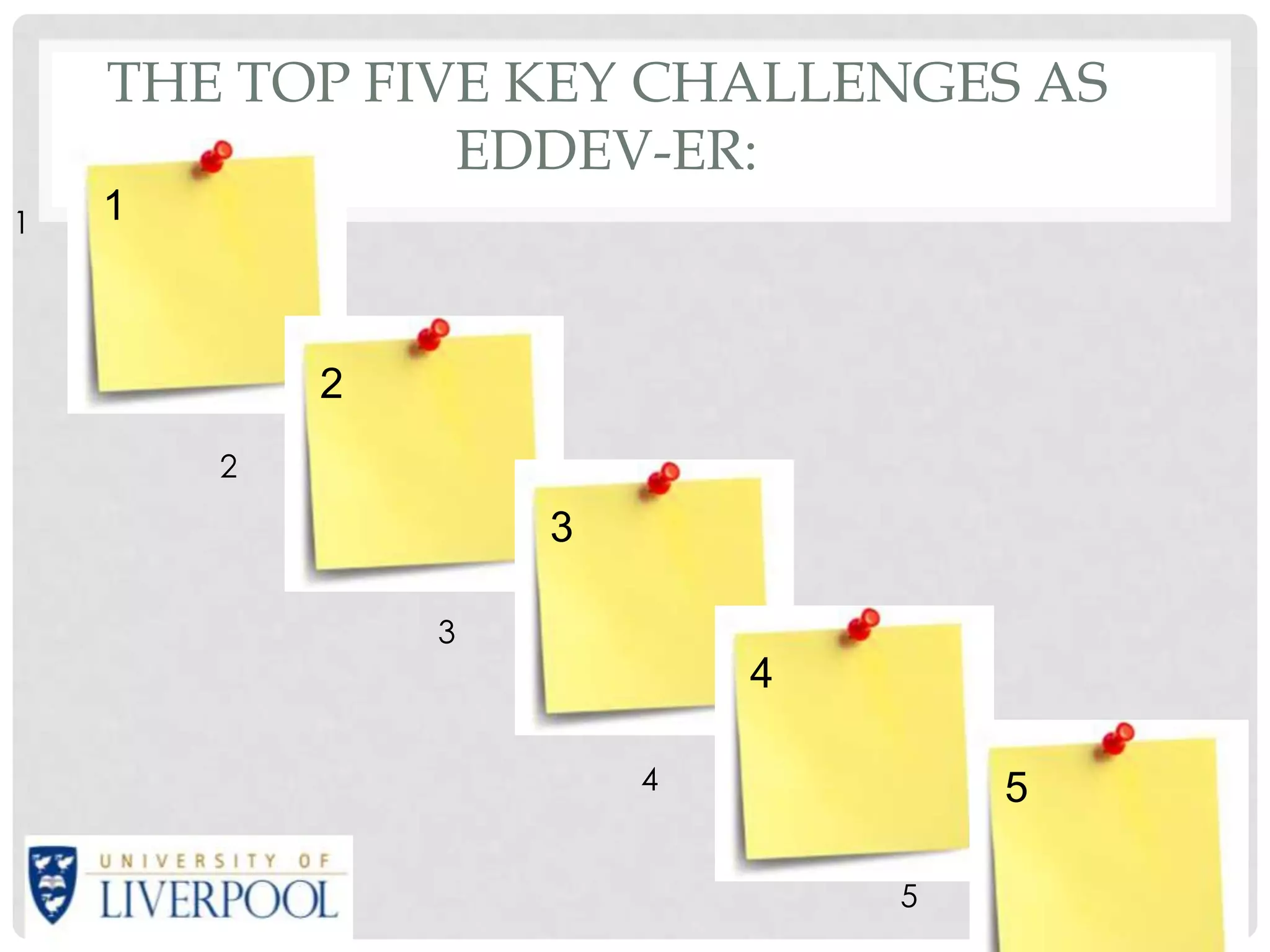 THE TOP FIVE KEY CHALLENGES AS
               EDDEV-ER:
1   1



            2
        2

                    3

                3
                            4

                        4           5

                                5
 