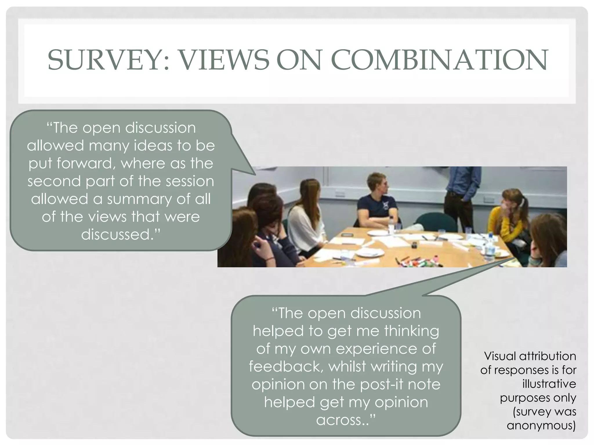 SURVEY: VIEWS ON COMBINATION

    “The open discussion
allowed many ideas to be
put forward, where as the
second part of the session
 allowed a summary of all
   of the views that were
         discussed.”




                                “The open discussion
                              helped to get me thinking
                              of my own experience of       Visual attribution
                             feedback, whilst writing my    of responses is for
                              opinion on the post-it note           illustrative
                               helped get my opinion            purposes only
                                                                  (survey was
                                       across..”                 anonymous)
 