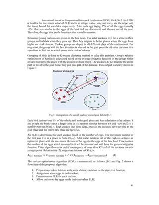 International Journal on Computational Sciences & Applications (IJCSA) Vol.4, No.2, April 2014
41
α handles the maximum value of ELR and is an integer value. varhi and varlow are the upper and
the lower bound for variables respectively. After each egg laying, P% of all the eggs (usually
10%) that less similar to the eggs of the host bird are discovered and thrown out of the nest.
Therefore, the eggs that profit function value is smaller remove.
Remained young cuckoos are grown in the host nests. The adult cuckoos live for a while in their
groups and habitats when they grow up. Then they migrate to better places where the eggs have
higher survival chances. Cuckoo groups are shaped in all different place of the environment. For
migration, the group with the best situation is selected as the goal point for all other cuckoos. it is
a problem to find out to which group each cuckoo belongs.
Grouping of birds is done by K-means clustering method to solve this problem. Group’s relative
optimization of habitat is calculated based on the average objective function of the group. Other
groups migrate to the place with the greatest average profit. The cuckoos do not migrate the entire
path in travel to the goal point; they just pass part of the distance. This subject is clearly shown in
Figure1:
Fig 1. Immigration of a sample cuckoo toward goal habitat [13]
Each bird just traverse λ% of the whole path to the goal place and has a deviation of φ radians. λ
and φ help the birds search a larger area. φ is a random number between π/6 and –π/6 and λ is a
number between 0 and 1. Each cuckoo lays some eggs, once all the cuckoos have traveled to the
goal place and the entire new place are specified.
An ELR is determined for each cuckoo based on the number of eggs. The maximum number of
the bird can live in a place is finite (Nmax). After some iteration, all of the cuckoos achieve an
optimized place with the maximum likeness of the eggs to the eggs of the host bird. This position
the number of the eggs which removed in it will be minimal and will have the greatest objective
function. Takes algorithm to its end if convergence of more than 95% of all the cuckoos towards
a single point. Relationship (2), migration function in COA, is:
= + × ( − ) (4)
The cuckoo optimization algorithm (COA) is summarized as follows [14] and Fig. 2 shows a
flowchart of the proposed algorithm.
1. Preparation cuckoo habitats with some arbitrary solution on the objective function;
2. Assignment some eggs to each cuckoo;
3. Determination ELR for each cuckoo;
4. Allow cuckoo to lay eggs inside their equivalent ELR;
 