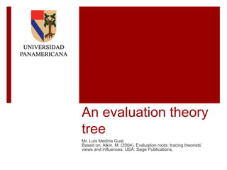 An evaluation theory
tree
Mr. Luis Medina Gual
Based on: Alkin, M. (2004). Evaluation roots: tracing theorists’
views and influences. USA: Sage Publications.
 