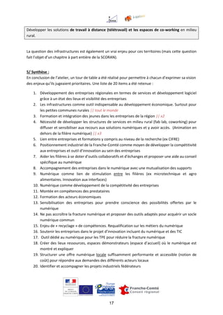 17
Développer les solutions de travail à distance (télétravail) et les espaces de co-working en milieu
rural.
La question des infrastructures est également un vrai enjeu pour ces territoires (mais cette question
fait l’objet d’un chapitre à part entière de la SCORAN).
5/ Synthèse :
En conclusion de l’atelier, un tour de table a été réalisé pour permettre à chacun d’exprimer sa vision
des enjeux qu’ils jugeaient prioritaires. Une liste de 20 items a été retenue :
1. Développement des entreprises régionales en termes de services et développement logiciel
grâce à un état des lieux et visibilité des entreprises
2. Les infrastructures comme outil indispensable au développement économique. Surtout pour
les petites communes rurales || tout le monde
3. Formation et intégration des jeunes dans les entreprises de la région || x2
4. Nécessité de développer les structures de services en milieu rural (fab lab, coworking) pour
diffuser et sensibiliser aux recours aux solutions numériques et y avoir accès. (Animation en
dehors de la filière numérique) || x3
5. Lien entre entreprises et formations y compris au niveau de la recherche (ex CIFRE)
6. Positionnement industriel de la Franche-Comté comme moyen de développer la compétitivité
aux entreprises et outil d’innovation au sein des entreprises
7. Aider les filières à se doter d’outils collaboratifs et d’échanges et proposer une aide au conseil
spécifique au numérique
8. Accompagnement des entreprises dans le numérique avec une mutualisation des supports
9. Numérique comme lien de stimulation entre les filières (ex microtechnique et agro
alimentaires. Innovation aux interfaces)
10. Numérique comme développement de la compétitivité des entreprises
11. Montée en compétences des prestataires
12. Formation des acteurs économiques
13. Sensibilisation des entreprises pour prendre conscience des possibilités offertes par le
numérique
14. Ne pas accroître la fracture numérique et proposer des outils adaptés pour acquérir un socle
numérique commun
15. Enjeu de « recyclage » de compétences. Requalification sur les métiers du numérique
16. Soutenir les entreprises dans le projet d’innovation incluant du numérique et des TIC
17. Outil dédié au numérique pour les TPE pour réduire la fracture numérique
18. Créer des lieux ressources, espaces démonstrateurs (espace d’accueil) où le numérique est
montré et expliquer
19. Structurer une offre numérique locale suffisamment performante et accessible (notion de
coût) pour répondre aux demandes des différents acteurs locaux
20. Identifier et accompagner les projets industriels fédérateurs
 