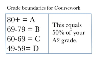 80+ = A
69-79 = B
60-69 = C
49-59= D
This equals
50% of your
A2 grade.
Grade boundaries for Coursework
 