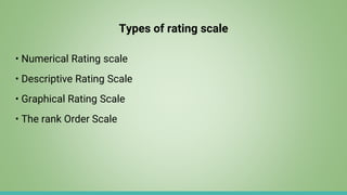 Types of rating scale
• Numerical Rating scale
• Descriptive Rating Scale
• Graphical Rating Scale
• The rank Order Scale
 
