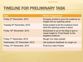 Jayesh Mohane




TIMELINE FOR PRELIMINARY TASK
Date                            What’s Happening?
Friday 2nd November, 2012       Synopsis posted to give the audience an
                                insight into our opening scene
Tuesday 6th November, 2012      Script posted to let the audience know
                                what the opening scene is about
Friday 16th November, 2012      Storyboard is up on the blog to give a
                                visual insight to ‘Final Grade’ to the
                                targeted audience
Friday 7th December, 2012       Rough Cut video posted
Wednesday 12th December, 2012   Get audience feedback on rough cut
Friday 14th December, 2012      Final Cut video Posted
 
