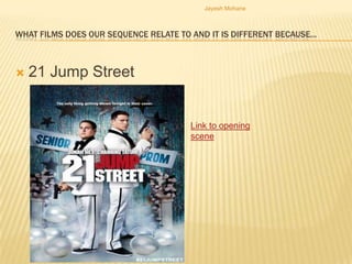 Jayesh Mohane



WHAT FILMS DOES OUR SEQUENCE RELATE TO AND IT IS DIFFERENT BECAUSE…



   21 Jump Street


                                      Link to opening
                                      scene
 