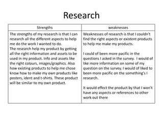 Research
Strengths weaknesses
The strengths of my research is that I can
research all the different aspects to help
me do the work I wanted to do.
The research help my product by getting
all the right information and assets to be
used in my product. Info and assets like
the right colours, images/graphics. Also
how existing products to help me chose
know how to make my own products like
posters, ident and t-shirts. These product
will be similar to my own product.
Weaknesses of research is that I couldn't
find the right aspects or existent products
to help me make my products.
I could of been more pacific in the
questions I asked in the survey. I would of
like more information on some of my
question on the survey. I would of liked to
been more pacific on the something's I
research.
It would effect the product by that I won't
have any aspects or references to other
work out there
 