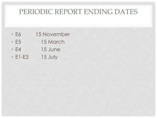 PERIODIC REPORT ENDING DATES
•
•
•
•

E6
E5
E4
E1-E3

15 November
15 March
15 June
15 July

 