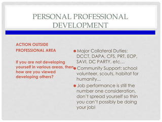PERSONAL PROFESSIONAL
DEVELOPMENT
ACTION OUTSIDE
PROFESSIONAL AREA

Major Collateral Duties:
DCCT, DAPA, CFS, PRT, EOP,
S...