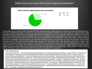 What have you learnt from your audience feedback?
This question was one where I wasn’t as pleased with the results, although I understand where I went wrong and accept the feedback as I
know how I could have improved. In my both my main adverts and sponsorships I decided not to use my logo as I wanted to keep it clean
and classy, however I then found out this actually affected the memorability of my product. Although it was not the majority, 31% said that
didn’t find the slogan/ product name memorable which means I had significantly not exaggerated my product enough. I tried to repeat the
brand name in my radio advert but I found it was more my visual advertising which knocked this down. In my ‘other comments’ question
the lack of memorability was again bought up and remained something that was a main let down for much of my audience. As seen below
comments such as ‘The name should have been more overused’ and ‘The product name could have been used more or maybe a logo’
these two comments reinforced how a proportion of the people who answered my survey felt I had not exaggerated the product name
enough and hadn’t used a logo, this could have meant that my product was not as memorable as I initially thought it would have been,
additionally having not used shots of the mascara with the name showing boldly in the actual footage, I relied mainly on the font I added on
screen on titles and clearly I had not have done this enough for the audience to be happy with.
 