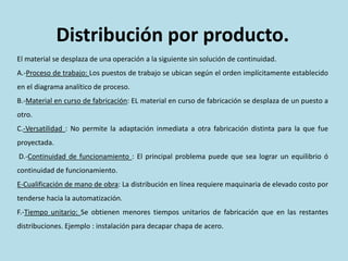 Distribución por producto.
El material se desplaza de una operación a la siguiente sin solución de continuidad.
A.-Proceso de trabajo: Los puestos de trabajo se ubican según el orden implícitamente establecido
en el diagrama analítico de proceso.
B.-Material en curso de fabricación: EL material en curso de fabricación se desplaza de un puesto a
otro.
C.-Versatilidad : No permite la adaptación inmediata a otra fabricación distinta para la que fue
proyectada.
D.-Continuidad de funcionamiento : El principal problema puede que sea lograr un equilibrio ó
continuidad de funcionamiento.
E-Cualificación de mano de obra: La distribución en línea requiere maquinaria de elevado costo por
tenderse hacia la automatización.
F.-Tiempo unitario: Se obtienen menores tiempos unitarios de fabricación que en las restantes
distribuciones. Ejemplo : instalación para decapar chapa de acero.
 