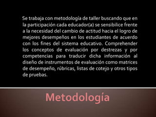 Se trabaja con metodología de taller buscando que en
la participación cada educador(a) se sensibilice frente
a la necesidad del cambio de actitud hacia el logro de
mejores desempeños en los estudiantes de acuerdo
con los fines del sistema educativo. Comprehender
los conceptos de evaluación por destrezas y por
competencias para traducir dicha información al
diseño de instrumentos de evaluación como matrices
de desempeño, rúbricas, listas de cotejo y otros tipos
de pruebas.
 