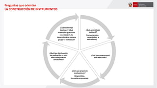 Preguntas que orientan
LA CONSTRUCCIÓN DE INSTRUMENTOS
¿Quéaprendizaje
evaluaré?
(competencias,
capacidades e
indicadores)
¿Qué instrumento es el
másadecuado?
¿Con qué propósito
evaluaremos?
(diagnóstica,
formativa osumativa)
¿Qué tipo de situación
de evaluación es más
adecuada para mis
estudiantes?
¿Cuánto tiempo
destinaré? ¿Qué
materiales y recursos
necesitarán? ¿Se
desarrollará de manera
grupal o individual?
 