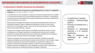 METODOLOGÍA PARA ELABORAR LOS INSTRUMENTOS DE EVALUACIÓN
2. Seleccionar o diseñar situaciones de evaluación
Elabora un Informe sobre el impacto de la actividad deportiva en la salud y el rendimiento
académico. Instrumentos: Portafolio y rúbrica.
La actividad física no solo contribuye a la mejora de la salud de los adolescentes sino también
a su interacción social pues les da la oportunidad de expresarse y fomentar su autoconfianza.
La practica continua de actividad física es de gran importancia pues necesitan mantenerse en
forma e interactuar con sus pares,
Además diversas investigaciones señalan que esta repercute positivamente incluso en el
rendimiento académico. Según la Organización Mundial de la Salud, los niños, niñas y
jóvenes de 5 a 17 años deben invertir -como mínimo- 60 minutos diarios en actividades
físicas de intensidad moderada a vigorosa.
El director de tu colegio necesita sustentar a la APAFAla necesidad de construir una loza
multideportiva en el colegio, basándose en los beneficios de la practica de la actividad
deportiva en la mejora de la salud como para el rendimiento académico de los estudiantes.
Así como un Plan de implementación de actividades deportivas.
Elabora una propuesta de informe para alcanzarlo al director. Considera las siguientes
preguntas orientadoras: ¿Qué información necesita reunir el director? ¿cómo la debe recoger
y organizar? ¿Qué tipo de conocimientos estadístico y científicos demanda poner en
practica? ¿Cuál de estos le permitirán sustentar su informe? ¿Cómo aprovecharan los
estudiantes esta loza multideportiva? ¿Qué actividades se pueden poner en practica para
motivar y lograr que los estudiantes practiquen actividades deportivas?
• Es significativa y retadora.
• Compleja, moviliza/integra
saberes.
• Presenta un contexto real o
simulado.
• Responde al aprendizaje
esperado y a la situación
significativa.
• Exige el despliegue de
habilidades de orden
superior.
 