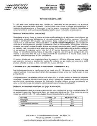 METODO DE CALIFICACION


La calificación de las pruebas de ascenso y reubicación involucra un proceso que inicia con la lectura de
las hojas de respuestas de los evaluados y culmina con la obtención de un puntaje único que integra el
resultado obtenido a partir de su desempeño en los tres tipos de competencias (disciplinar, pedagógica y
comportamental). A continuación se detalla cada uno de los pasos involucrados en este proceso.

Obtención de Puntuaciones Directas (PD):

Después de la lectura óptica se crearon archivos para la calificación de las pruebas, discriminando por
competencias disciplinares, pedagógicas y comportamentales. Estos archivos contienen información
básica de identificación del evaluado y las respuestas dadas a cada uno de los ítems que conformaron
sus pruebas. A partir de estos archivos se obtuvo una Puntuación Directa (PD) para los evaluados en
cada una de las competencias; estas PD provienen del cotejo de las respuestas dadas por los evaluados
contra las respuestas correctas. Para las pruebas de competencias disciplinares y pedagógicas se asignó
un punto por cada respuesta correcta, y para las pruebas de competencias comportamentales, cada una
de las opciones de respuesta tuvo un valor de 1, 2 ó 3 puntos, dependiendo del ítem. La puntuación
directa por competencia es la sumatoria de los puntos asignados a los ítems que la componen. De esta
manera se obtuvieron tres PD, que no necesariamente se encuentran en la misma escala, dada la
diferencia del número de ítems de cada competencia.

Es preciso señalar que cada prueba tiene ítems de contenido y dificultad diferentes, aunque es posible
que haya ítems comunes en las diferentes pruebas. No obstante, hay que resaltar que cada una de las 68
pruebas aplicadas es única, es decir, no existen dos pruebas idénticas.

Conversión de PD por competencia en Puntuaciones Transformadas (PT):

Las puntuaciones directas se transformaron a una escala entre 0 y 100 puntos, es decir, el puntaje para
cada competencia no corresponde al número de respuestas correctas, sino a una transformación de este
puntaje directo.

Este procedimiento fue necesario porque cada prueba tuvo un número distinto de ítems (con diferentes
contenidos y niveles de dificultad), por lo cual se requirió convertir los puntajes a una escala común que
permitiera una interpretación adecuada del desempeño de cada evaluado en cada competencia, así
como un correcto manejo técnico de los cálculos posteriores del proceso de calificación.

Obtención de un Puntaje Global (PG) por grupo de evaluación:

El siguiente paso consistió en obtener una puntuación única, resultado de la suma ponderada de las PT
de las tres competencias. Dado que se realizó una ponderación porcentual, las PG se encuentran en una
escala que oscila entre 0 y 100 puntos. Las ponderaciones se detallan a continuación:

        Docentes                               Ascenso 2 y 3                 Reubicación B y C
        Pedagógica                                 30%                             40%
        Disciplinar                                40%                             30%
        Comportamental docentes                    30%                             30%
        TOTAL                                     100%                             100%




                  Calle 43 No. 57-14 Centro Administrativo Nacional, CAN, Bogotá, D.C.
                                PBX: (057) (1) 222 2800 - Fax 222 4953
              www.mineducacion.gov.co - atencionalciudadano@mineducacion.gov.co
 