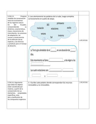 E.CN.3.3. Propone
medidas de conservación
hacia los ecosistemas
de las regiones natura-
les del Ecuador,
comprendiendo su
dinámica, características,
clases, mecanismos de
interrelación, los procesos
de adaptación, las
causas y consecuencias
de la extinción de las
especies, y las técnicas
y prácticas para el manejo
de desecho.
2.-Lee atentamente las palabras de la nube, luego completa
correctamente el cuadro de abajo.
4 PUNTOS
E.CN.3.6. Argumenta
que todos los objetos
están constituido por
materia, a partir de la
comprensión de sus
elementos, propiedades
específicas, esta-
dos y clasificación de
los compuestos orgánicos
3.- Escribe cada palabra donde correspondan los recursos
renovables y no renovables.
2 PUNTOS
 