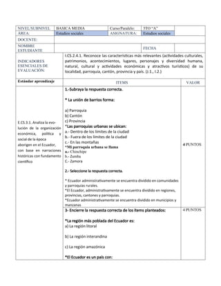 NIVEL/SUBNIVEL BASICA MEDIA Curso/Paralelo: 5TO “A”
ÁREA: Estudios sociales ASIGNATURA: Estudios sociales
DOCENTE:
NOMBRE
ESTUDIANTE
FECHA
INDICADORES
ESENCIALES DE
EVALUACIÓN:
I.CS.2.4.1. Reconoce las características más relevantes (actividades culturales,
patrimonios, acontecimientos, lugares, personajes y diversidad humana,
natural, cultural y actividades económicas y atractivos turísticos) de su
localidad, parroquia, cantón, provincia y país. (J.1., I.2.)
Estándar aprendizaje ITEMS VALOR
E.CS.3.1. Analiza la evo-
lución de la organización
económica, política y
social de la época
aborigen en el Ecuador,
con base en narraciones
históricas con fundamento
científico
1.-Subraya la respuesta correcta.
* La unión de barrios forma:
a) Parroquia
b) Cantón
c) Provincia
*Las parroquias urbanas se ubican:
a.- Dentro de los límites de la ciudad
b.- Fuera de los límites de la ciudad
c.- En las montañas
*Mi parroquia urbana se llama
a.- Chinchipe
b.- Zumba
C.- Zamora
2.- Seleccione la respuesta correcta.
* Ecuador administrativamente se encuentra dividido en comunidades
y parroquias rurales.
*El Ecuador, administrativamente se encuentra dividido en regiones,
provincias, cantones y parroquias.
*Ecuador administrativamente se encuentra dividido en municipios y
manzanas
4 PUNTOS
3- Encierre la respuesta correcta de los ítems planteados:
*La región más poblada del Ecuador es:
a) La región litoral
b) La región interandina
c) La región amazónica
*El Ecuador es un país con:
4 PUNTOS
 