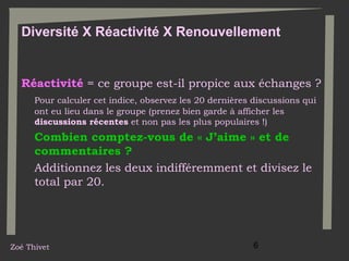 Diversité X Réactivité X Renouvellement

Réactivité = ce groupe est-il propice aux échanges ?
Pour calculer cet indice, observez les 20 dernières discussions qui
ont eu lieu dans le groupe (prenez bien garde à afficher les
discussions récentes et non pas les plus populaires !)

Combien comptez-vous de « J’aime » et de
commentaires ?
Additionnez les deux indifféremment et divisez le
total par 20.

Zoé Thivet

6

 