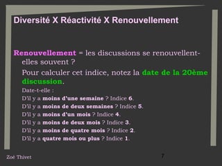 Diversité X Réactivité X Renouvellement

Renouvellement = les discussions se renouvellentelles souvent ?
Pour calculer cet indice, notez la date de la 20ème
discussion.
Date-t-elle :
D’il y a moins d’une semaine ? Indice 6.
D’il y a moins de deux semaines ? Indice 5.
D’il y a moins d’un mois ? Indice 4.
D’il y a moins de deux mois ? Indice 3.
D’il y a moins de quatre mois ? Indice 2.
D’il y a quatre mois ou plus ? Indice 1.
Zoé Thivet

7

 