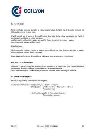 02-2014 COPYRIGHT CCI DE LYON 2014 18
La réévaluation
Cette méthode consiste à établir la valeur économique de l’actif ou de la dette corrigés ou
réévalués comme vu plus haut.
L’actif corrigé est la somme des actifs réels diminuée de la valeur comptable de l’actif à
corrigé augmentée de la valeur corrigée.
Actif corrigé = actifs réels – valeur comptable de ou des actifs à corriger + valeur
économique de ou des actifs corrigés
Parallèlement,
Dette corrigée = dettes réelles – valeur comptable de ou des dettes à corriger + valeur
économique de ou des dettes corrigées
Pour réévaluer les actifs, il convient de se référer aux retraitements comptables.
Les plus ou moins values
Attention, il peut exister des moins-values latentes si le bilan n’est pas convenablement
provisionné. Celles-ci doivent être retirées de l’actif net comptable.
De la même manière, s’il existe des plus values latentes, il faut les intégrer à l’ACN.
La valeur de l’entreprise
Plusieurs approches peuvent être envisagées :
( )
 