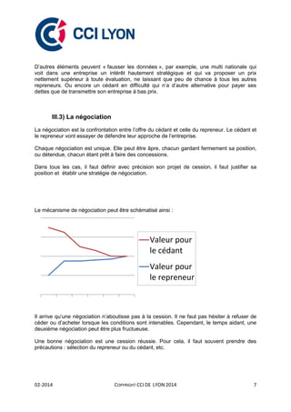 02-2014 COPYRIGHT CCI DE LYON 2014 7
D’autres éléments peuvent « fausser les données », par exemple, une multi nationale qui
voit dans une entreprise un intérêt hautement stratégique et qui va proposer un prix
nettement supérieur à toute évaluation, ne laissant que peu de chance à tous les autres
repreneurs. Ou encore un cédant en difficulté qui n’a d’autre alternative pour payer ses
dettes que de transmettre son entreprise à bas prix.
III.3) La négociation
La négociation est la confrontation entre l’offre du cédant et celle du repreneur. Le cédant et
le repreneur vont essayer de défendre leur approche de l’entreprise.
Chaque négociation est unique. Elle peut être âpre, chacun gardant fermement sa position,
ou détendue, chacun étant prêt à faire des concessions.
Dans tous les cas, il faut définir avec précision son projet de cession, il faut justifier sa
position et établir une stratégie de négociation.
Le mécanisme de négociation peut être schématisé ainsi :
Il arrive qu’une négociation n’aboutisse pas à la cession. Il ne faut pas hésiter à refuser de
céder ou d’acheter lorsque les conditions sont intenables. Cependant, le temps aidant, une
deuxième négociation peut être plus fructueuse.
Une bonne négociation est une cession réussie. Pour cela, il faut souvent prendre des
précautions : sélection du repreneur ou du cédant, etc.
Valeur pour
le cédant
Valeur pour
le repreneur
 