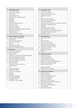 5. Comptabilité clients

8. Commandes client

a.
b.
c.
d.
e.
f.
g.
h.
i.
j.
k.
l.
m.
n.
o.
p.

a.
b.
c.
d.
e.
f.
g.
h.
i.
j.
k.
l.
m.
n.
o.
p.

Fichier maître clients
Gestion de la clientèle
Listes de prix
Traitement des devis
Traitement des commandes client
Expédition
Facturation
Déclarations
Gestion des tickets de caisse
Gestion de crédit
Gestion des contacts
Gestion des collections
Génération de rapports d’analyse des ventes
Application de trésorerie
Compte collecteur
Commissions sur les ventes

Fichier maître clients
Listes de prix multiples
Gestion des devis et des offres
Configuration produit
Kit
Détails d’en-tête/de poste
Adresses de livraison multiples
Instructions particulières
Calculs des taxes sur les ventes et rapports associés
Enlèvement et conditionnement
Expédition
Commissions sur les ventes
Autorisation de retour d'articles
Devises multiples au niveau transactionnel
Commandes maître ou forfaitaires
Gestion des retours

6. Coût de projets ou de tâches

9. Immobilisations

a.
b.
c.
d.
e.
f.
g.

a.
b.
c.
d.
e.
f.
g.
h.
i.
j.

Code ou numéro d’identification
Chef de projet
Phases, tâches et activités
Affectations et charge
Retenue
Facturation des tâches
Génération de rapports d’écart

7. Inventaire y
a.
b.
c.
d.
e.
f.
g.
h.
i.
j.
k.
l.
m.
n.
o.
p.
q.
r.
s.
t.

Fichier maître inventaires
Numéro d’inventaire
Numéro de lot
Quantités de commande minimales/maximales
Gestion du réapprovisionnement
Méthodes d’évaluation des coûts
Gestion des inventaires physiques
Codes marchandise
Gestion des lieux
Traitement de l’enlèvement et du
conditionnement
Kit
Configuration produit
Gestion d'entrepôts
Gestion de la ventilation
Réception
Expédition
Articles sans stockage
Inventaire individualisé
Traçabilité des lots
Transferts sur sites multiples

Fichier maître articles
Lieu
Numéro de série
Types d’amortissement
Transferts, ajouts, retraites
Gestion des actifs en crédit-bail
Génération de rapports fiscaux
Suivi des assurances
Maintenance des actifs
GASB 34

10. Gestion de la paye
a.
b.
c.
d.
e.
f.
g.

Saisie des heures
Gestion des syndicats
Calculs et types de payes
Types de retenues sur salaire
Retenues sur salaires interdépendantes
Génération de chèques de paye
Rapports réglementaires

h. Dépôt automatique
i. Rapprochements bancaires

11. Ressources humaines
a.
b.
c.
d.
e.
f.
g.
h.
i.
j.
k.

Analyse de reprise
Suivi des candidats
Gestion du contrôle des postes
Fichier maître employés
Gestion des bénéfices
Administration des bénéfices
Gestion de l’examen des performances
Libre-service employés
Libre-service cadres dirigeants
Gestion COBRA
Historique d’embauche

17

 