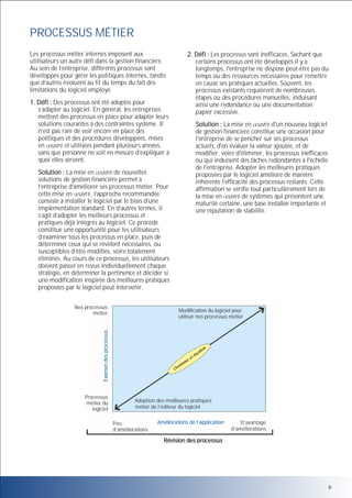 PROCESSUS MÉTIER
Les processus métier internes imposent aux
utilisateurs un autre défi dans la gestion financière.
Au sein de l’entreprise, différents processus sont
développés pour gérer les politiques internes, tandis
que d’autres évoluent au fil du temps du fait des
limitations du logiciel employé.
1. Défi : Des processus ont été adoptés pour
s’adapter au logiciel. En général, les entreprises
mettent des processus en place pour adapter leurs
solutions courantes à des contraintes système. Il
n’est pas rare de voir encore en place des
politiques et des procédures développées, mises
en uvre et utilisées pendant plusieurs années,
sans que personne ne soit en mesure d’expliquer à
quoi elles servent.
Solution : La mise en uvre de nouvelles
solutions de gestion financière permet à
l’entreprise d’améliorer ses processus métier. Pour
cette mise en uvre, l’approche recommandée
consiste à installer le logiciel par le biais d’une
implémentation standard. En d’autres termes, il
s’agit d’adopter les meilleurs processus et
pratiques déjà intégrés au logiciel. Ce procédé
constitue une opportunité pour les utilisateurs
d’examiner tous les processus en place, puis de
déterminer ceux qui se révèlent nécessaires, ou
susceptibles d’être modifiés, voire totalement
éliminés. Au cours de ce processus, les utilisateurs
doivent passer en revue individuellement chaque
stratégie, en déterminer la pertinence et décider si
une modification inspirée des meilleures pratiques
proposées par le logiciel peut intervenir.
Nos processus
métier

2. Défi : Les processus sont inefficaces. Sachant que
certains processus ont été développés il y a
longtemps, l'entreprise ne dispose peut-être pas du
temps ou des ressources nécessaires pour remettre
en cause ses pratiques actuelles. Souvent, les
processus existants requièrent de nombreuses
étapes ou des procédures manuelles, induisant
ainsi une redondance ou une documentation
papier excessive.
Solution : La mise en uvre d'un nouveau logiciel
de gestion financière constitue une occasion pour
l'entreprise de se pencher sur ses processus
actuels, d'en évaluer la valeur ajoutée, et de
modifier, voire d'éliminer, les processus inefficaces
ou qui induisent des tâches redondantes à l'échelle
de l'entreprise. Adopter les meilleures pratiques
proposées par le logiciel améliore de manière
inhérente l’efficacité des processus restants. Cette
affirmation se vérifie tout particulièrement lors de
la mise en uvre de systèmes qui présentent une
maturité certaine, une base installée importante et
une réputation de stabilité.

Examen des processus

Modification du logiciel pour
utiliser nos processus métier

Processus
métier du
logiciel

Adoption des meilleures pratiques
métier de l’éditeur du logiciel
Peu
d’améliorations

Améliorations de l’application

D’avantage
d’améliorations

Révision des processus

6

 