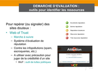 DEMARCHE D’EVALUATION :
                   outils pour identifier les ressources



Pour repérer (ou signaler) des
  sites douteux :
• Web of Trust
   – Marche à suivre
   – Système d’évaluation de
     réputation
   – Contre les infopollutions (spam,
     escroqueries, etc.)
   – A utiliser avec précaution pour
     juger de la crédibilité d’un site
       • WoT : outil de luttes politiques
 