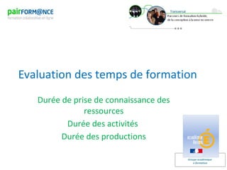Groupe académique
e-formation
Evaluation des temps de formation
Durée de prise de connaissance des
ressources
Durée des activités
Durée des productions
 