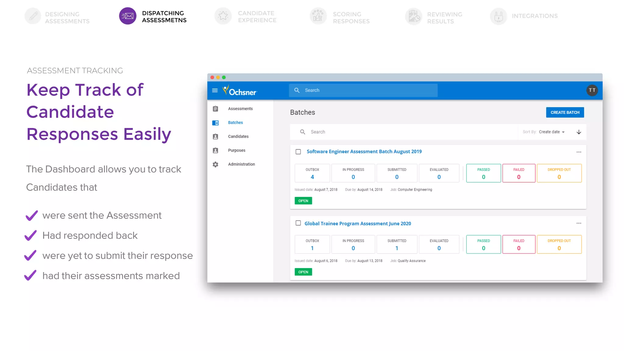 Keep Track of
Candidate
Responses Easily
ASSESSMENT TRACKING
The Dashboard allows you to track
Candidates that
were sent the Assessment
Had responded back
were yet to submit their response
had their assessments marked
DESIGNING
ASSESSMENTS
DISPATCHING
ASSESSMETNS
SCORING
RESPONSES
INTEGRATIONSREVIEWING
RESULTS
CANDIDATE
EXPERIENCE
 