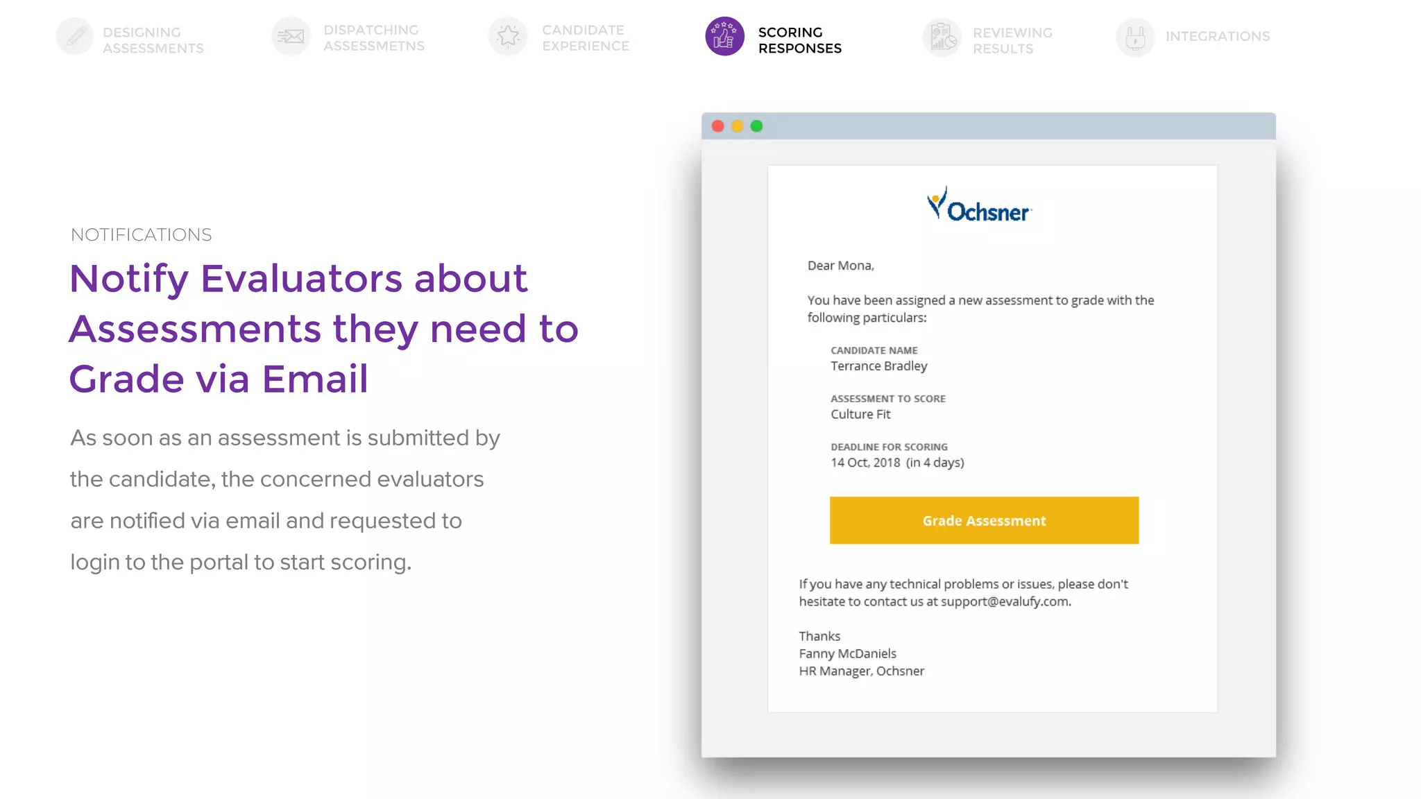 Notify Evaluators about
Assessments they need to
Grade via Email
NOTIFICATIONS
As soon as an assessment is submitted by
the candidate, the concerned evaluators
are notified via email and requested to
login to the portal to start scoring.
DESIGNING
ASSESSMENTS
DISPATCHING
ASSESSMETNS
SCORING
RESPONSES
INTEGRATIONSREVIEWING
RESULTS
CANDIDATE
EXPERIENCE
 