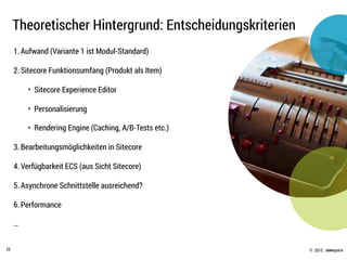 © .comspace2015
Theoretischer Hintergrund: Entscheidungskriterien
25
1.Aufwand (Variante 1 ist Modul-Standard)
2.Sitecore Funktionsumfang (Produkt als Item)
• Sitecore Experience Editor
• Personalisierung
• Rendering Engine (Caching, A/B-Tests etc.)
3.Bearbeitungsmöglichkeiten in Sitecore
4.Verfügbarkeit ECS (aus Sicht Sitecore)
5.Asynchrone Schnittstelle ausreichend?
6.Performance
…
 