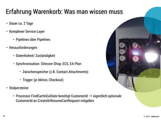 © .comspace2015
Erfahrung Warenkorb: Was man wissen muss
35
• Dauer ca. 2 Tage
• Komplexer Service Layer
• Pipelines über Pipelines
• Herausforderungen:
✴ Datenhoheit/ Zuständigkeit
✴ Synchronisation: Sitecore Shop, ECS, EA-Plan
✦
Zwischenspeicher (z.B. Contact.Attachments)
✦
Trigger (je Aktion, Checkout)
• Stolpersteine:
• Processor FindCartInEaState benötigt CustomerId → eigentlich optionale
CustomerId an CreateOrResumeCartRequest mitgeben
 