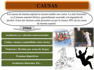 CAUSAS
Las causas de trauma espinal en nuestro medio son varias. La más frecuente
es el trauma automovilístico, generalmente asociado a la ingestión de
alcohol. Estos dos factores están presentes en por lo menos 50% de los casos
de trauma espinal.
Accidentes en vehiculos motororizados
Caidas ( incluye zambullidas entre otras)
Violencia ( Heridas por arma de fuego)
Traumas deportivos
OTRAS
Accidentes laborales, Etc…
 