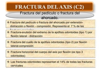 FRACTURA DELAXIS (C2)
Fractura del pedículo o fractura del
ahorcado.
 Fractura del pedículo o fractura del ahorcado por extensión-
distracción o flexión - compresión. Representa el 7 % de las
fracturas cervicales.
 Fractura-avulsión del extremo de la apófisis odontoides (tipo 1) por
flexión lateral - distracción.
 Fractura del cuello de la apófisis odontoides (tipo 2) por flexión
lateral-compresión
 Fractura horizontal del cuerpo del axis por flexión (ex tipo 3
odontoides)
 Las fracturas odontoides representan el 14% de todas las fracturas
cervicales.
 