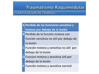 A Perdida de las funciones sensitiva y
motora por debajo de la lesión
B Perdida de la función motora con
función sensitiva no útil por debajo de
la lesión
C Función motora y sensitiva no útil por
debajo de la lesión
D Funcion motora y sensitiva útil por
debajo de la lesión
E Función motora y sensitiva normal
 