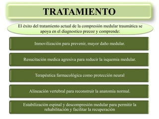 Inmovilización para prevenir, mayor daño medular.
Resucitación medica agresiva para reducir la isquemia medular.
Terapéutica farmacológica como protección neural
Alineación vertebral para reconstruir la anatomía normal.
Estabilización espinal y descompresión medular para permitir la
rehabilitación y facilitar la recuperación
TRATAMIENTO
El éxito del tratamiento actual de la compresión medular traumática se
apoya en el diagnostico precoz y comprende:
 