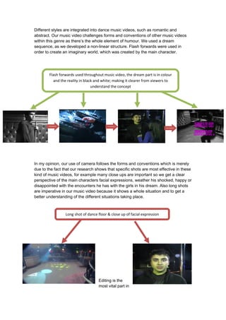 Different styles are integrated into dance music videos, such as romantic and
abstract. Our music video challenges forms and conventions of other music videos
within this genre as there’s the whole element of humour. We used a dream
sequence, as we developed a non-linear structure. Flash forwards were used in
order to create an imaginary world, which was created by the main character.




        Flash forwards used throughout music video, the dream part is in colour
          and the reality in black and white; making it clearer from viewers to
                                 understand the concept




In my opinion, our use of camera follows the forms and conventions which is merely
due to the fact that our research shows that specific shots are most effective in these
kind of music videos, for example many close ups are important so we get a clear
perspective of the main characters facial expressions, weather his shocked, happy or
disappointed with the encounters he has with the girls in his dream. Also long shots
are imperative in our music video because it shows a whole situation and to get a
better understanding of the different situations taking place.



                 Long shot of dance floor & close up of facial expression




                                    Editing is the
                                    most vital part in
 