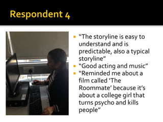  “The storyline is easy to
understand and is
predictable, also a typical
storyline”
 “Good acting and music”
 “Reminded me about a
film called ‘The
Roommate’ because it’s
about a college girl that
turns psycho and kills
people”
 