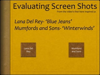 Evaluating Screen Shots
                 From the video’s that have inspired us



Lana Del Rey- ‘Blue Jeans’
Mumfords and Sons- ‘Winterwinds’


   Lana Del                    Mumford
     Rey                       and Sons
 