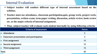 Internal Evaluation
24
 Subject teacher will conduct different type of internal assessment based on the
syllabus.
 Teacher must use attendance, classroom participation,quiz, group work, project work,
presentation, written exam, term paper writing, discussion, article review, book review
etc. as the major criteria of internal assignment.
 Thus, subject teacher will evaluate each student internally by using following criteria:
Criteria of Assessment Points
 Attendance 5
 Classroom presentation and participation 5
 First assignment 10
 Second assignment 10
 Third assignment 10
Total 40
 