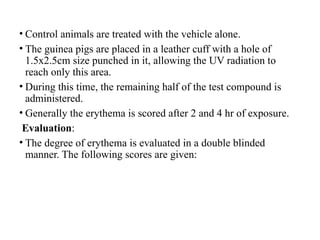 • Control animals are treated with the vehicle alone.
• The guinea pigs are placed in a leather cuff with a hole of
1.5x2.5cm size punched in it, allowing the UV radiation to
reach only this area.
• During this time, the remaining half of the test compound is
administered.
• Generally the erythema is scored after 2 and 4 hr of exposure.
Evaluation:
• The degree of erythema is evaluated in a double blinded
manner. The following scores are given:
 