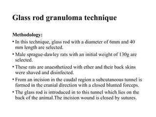 Glass rod granuloma technique
Methodology:
• In this technique, glass rod with a diameter of 6mm and 40
mm length are selected.
• Male sprague-dawley rats with an initial weight of 130g are
selected.
• These rats are anaesthetized with ether and their back skins
were shaved and disinfected.
• From an incision in the caudal region a subcutaneous tunnel is
formed in the cranial direction with a closed blunted forceps.
• The glass rod is introduced in to this tunnel which lies on the
back of the animal.The incision wound is closed by sutures.
 